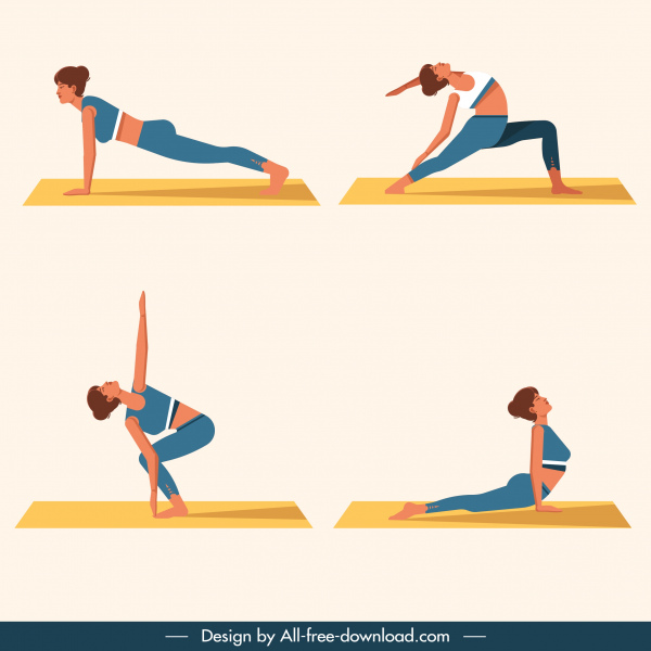 yoga gestures icons exercising woman sketch cartoon characters