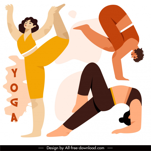yoga gestures icons women sketch flat classic design