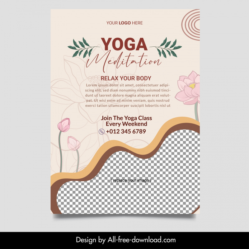 yoga meditation flyer template elegant flat handdrawn checkered lotus