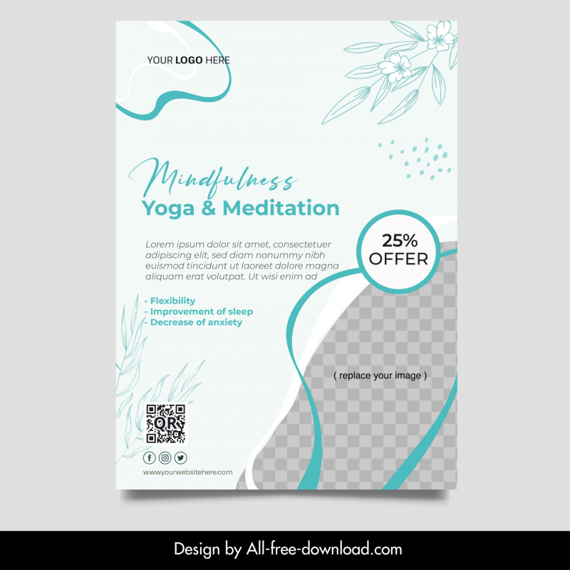 yoga meditation mindfulness flyer template checkered flowers decor