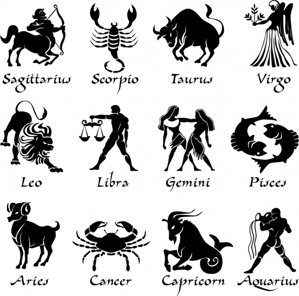 zodiac icons classical black silhouette sketch