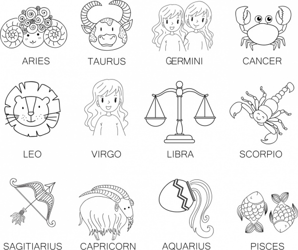 zodiac symbols collection black white icons sketch