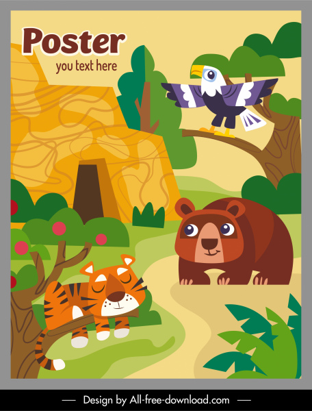 zoo poster template colorful flat design cartoon sketch