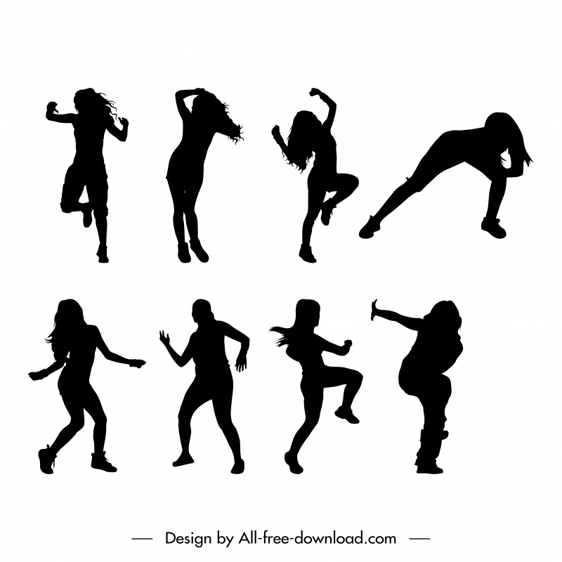 zumba dancers icons  dynamic black silhouettes sketch