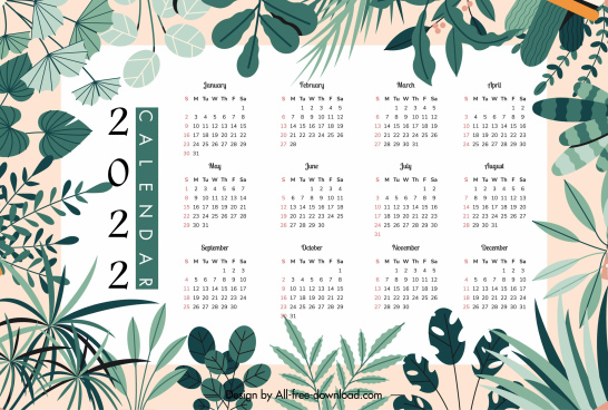 2022 Calendar Template Elegant Leaves Decor Free Vector In Adobe Illustrator Ai Ai Format Encapsulated Postscript Eps Eps Format Format For Free Download 18 29mb