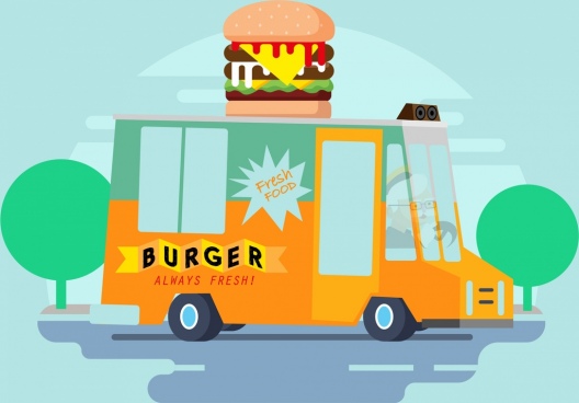 Fast Food Banner Truck Hamburger Icons Cartoon Design Free Vector