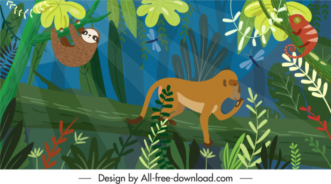 Forest Painting Colorful Plants Animals Sketch Free Vector In