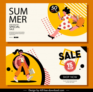 summer sale banners dynamic shoppers sketch cartoon design