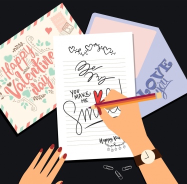 valentine banner hands writing cards icon colored cartoon
