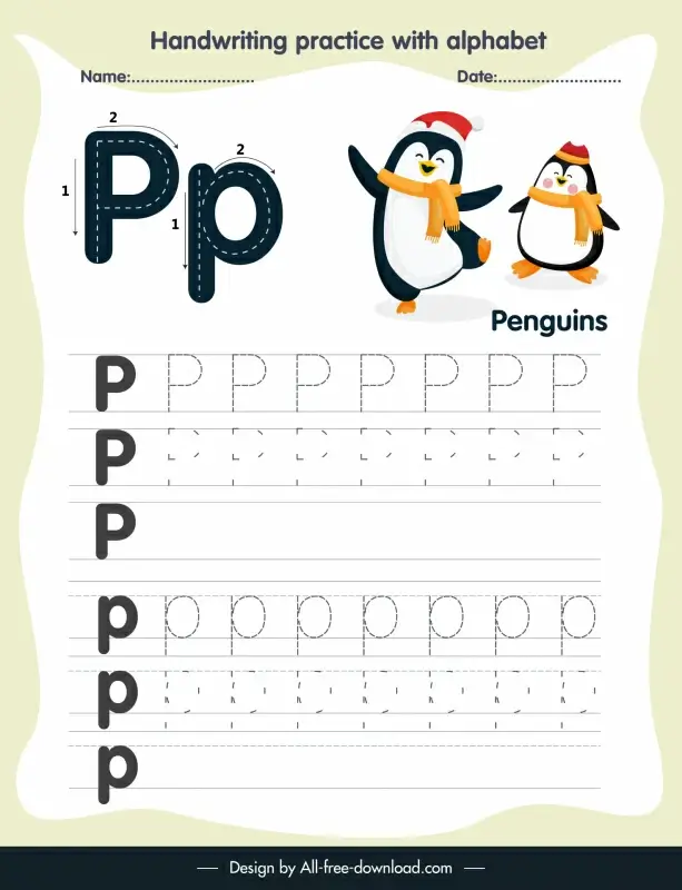 1s class education handwriting practice template alphabet letter tracing p lovely stylized penguins  sketch