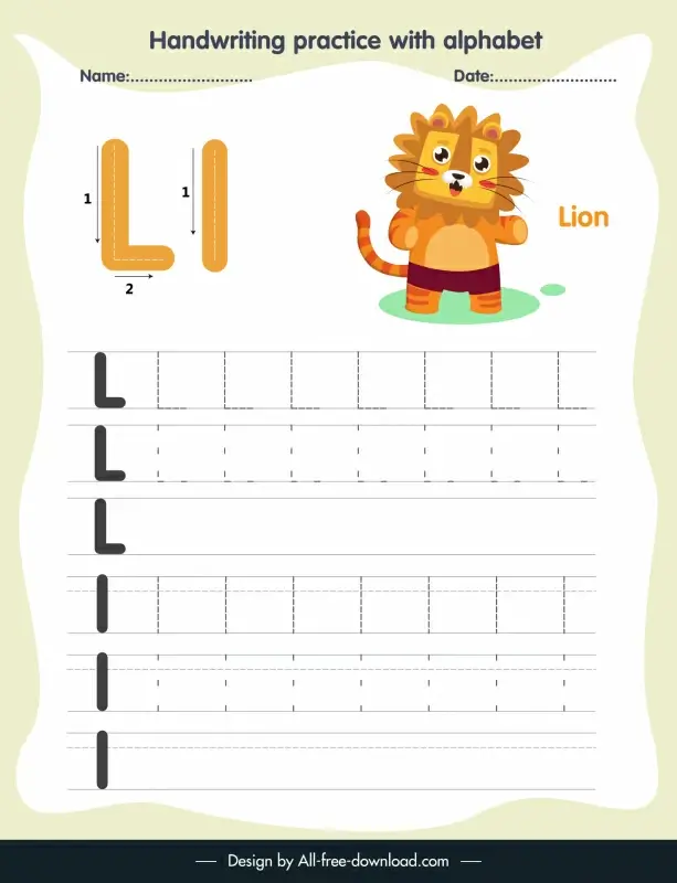 1st class education handwriting practice template alphabet letter tracing l cute stylized lion outline