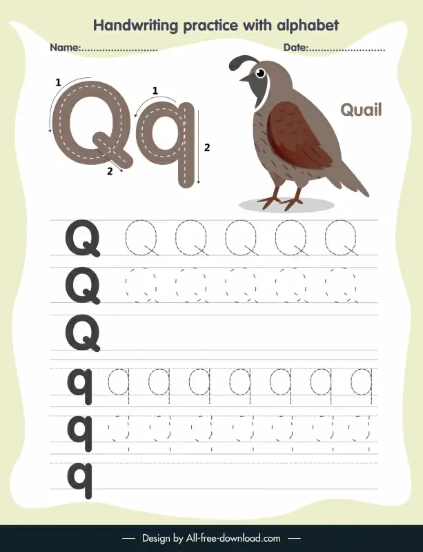 1st class education handwriting practice template alphabet letter tracing q quail sketch