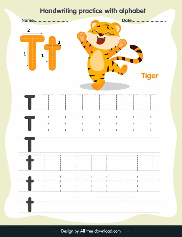 1st class education handwriting practice template alphabet letter tracing t cute tiger sketch