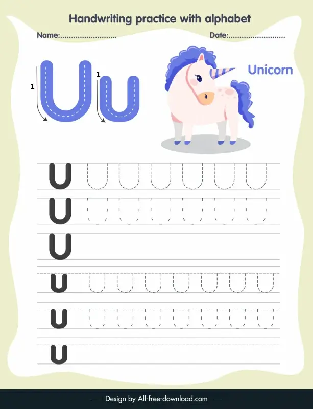 1st class education handwriting practice template alphabet letter tracing u lovely unicorn sketch