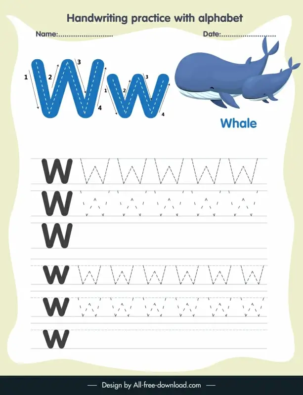 1st class education handwriting practice template alphabet letter tracing w whales species sketch