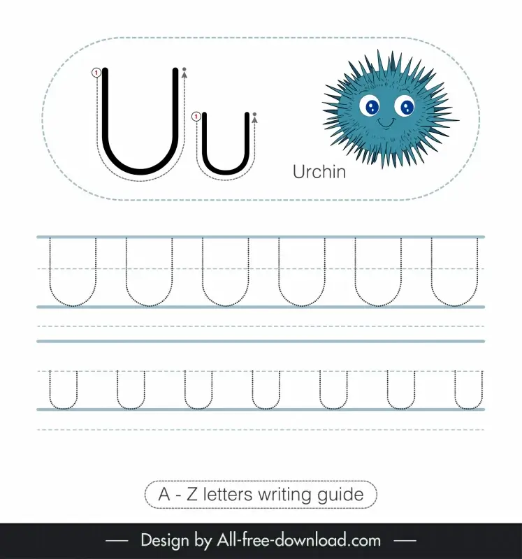 1st class writing guide worksheet template cute stylized urchin tracing letters u outline