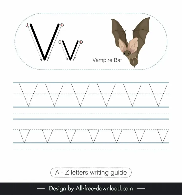 1st class writing guide worksheet template vampire bat animal tracing letters v sketch