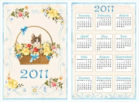 2011 calendar template cute kitty floral basket decor