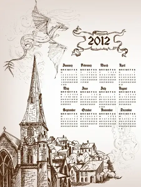 2012 calendar template retro european village dragon sketch
