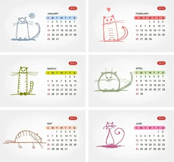 2012 calendar template cute flat handdrawn cats decor