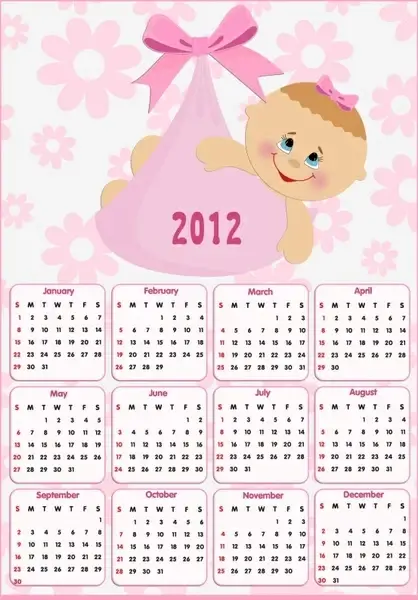 2012 calendar template cute pink petals kid sketch