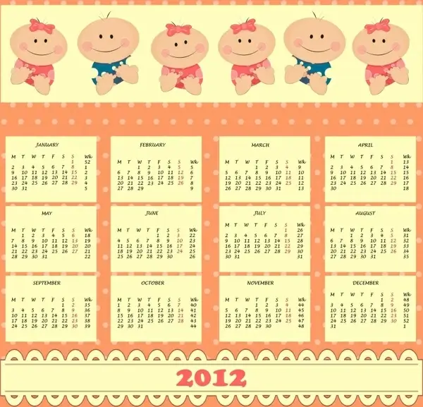 2012 calendar template cute babies sketch