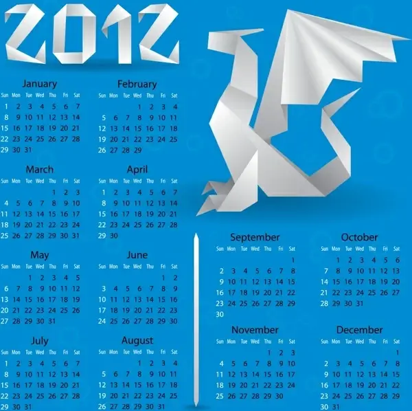 2012 calendar template origami dragon sketch