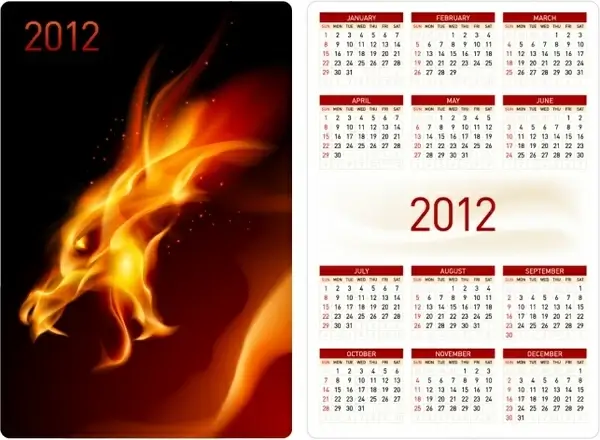 2012 calendar template fire dragon sketch