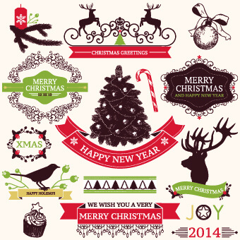 2014 christmas lables ribbon and baubles ornaments vector