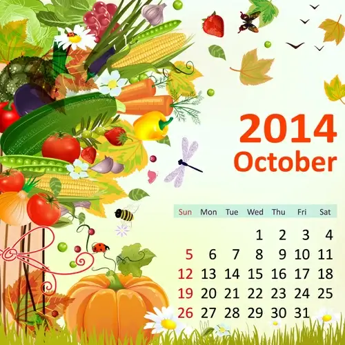 2014 floral calendar october vector