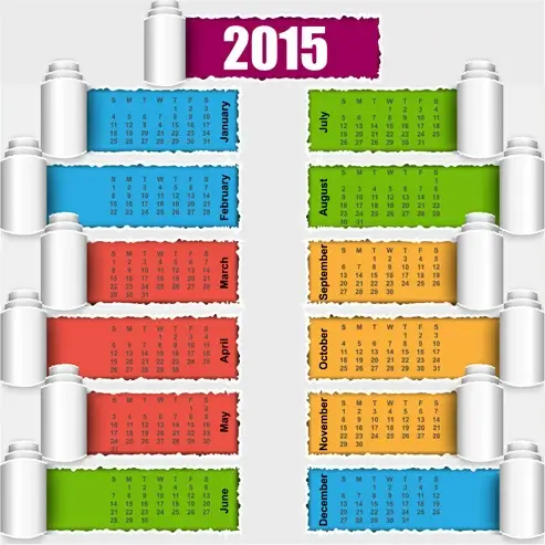 2015 calendar colored torn paper vector
