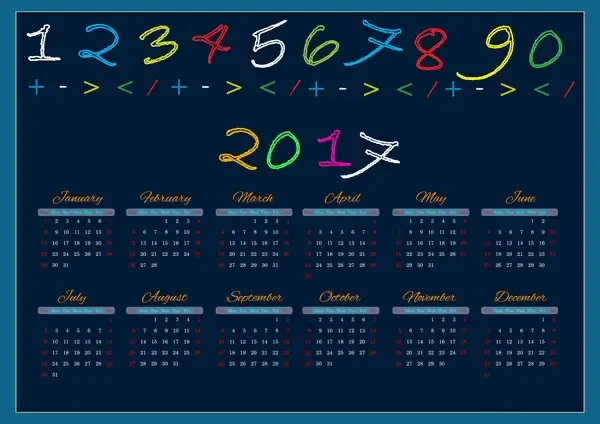 2017 calendar design with colorful chalk letters