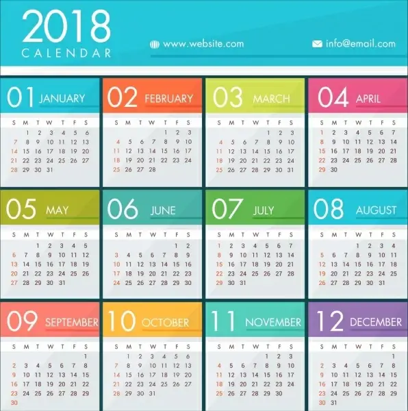 2018 calendar template bright colorful modern design
