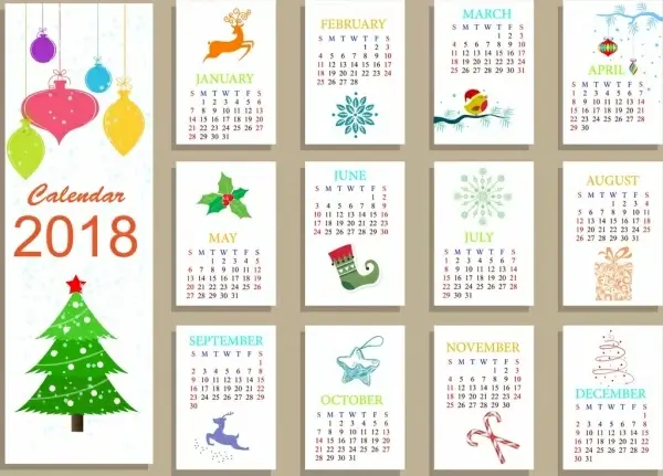 2018 calendar template christmas icons decoration
