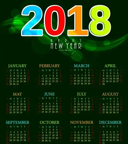 2018 calendar template green bokeh background colorful numbers