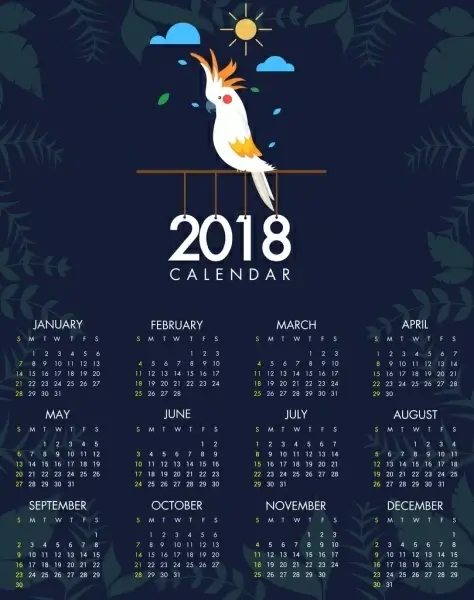 2018 calendar template parrot icon plants vignette decoration