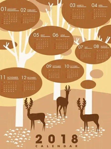 2018 calendar template wild forest background reindeer icons