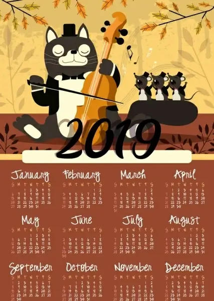2019 calendar background animal theme stylized cat mice