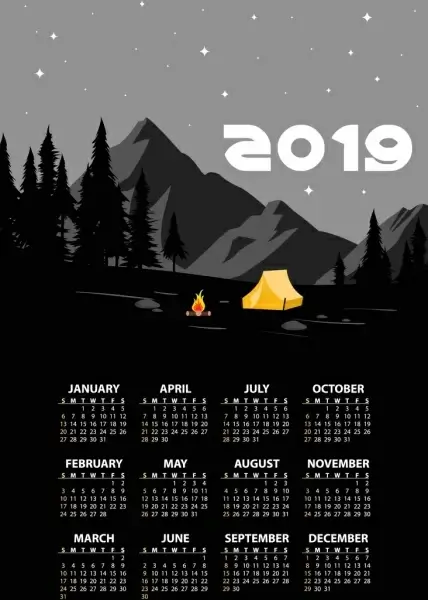 2019 calendar background mountain camp theme dark design 