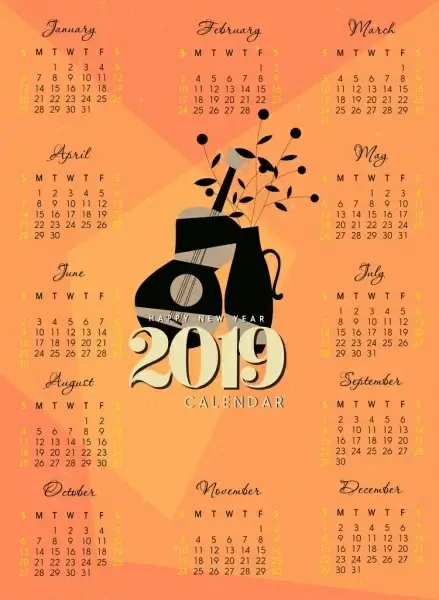 2019 calendar template classical guitar flower pot decor