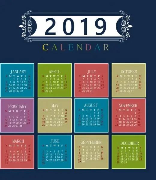 2019 calendar template colorful classical decor