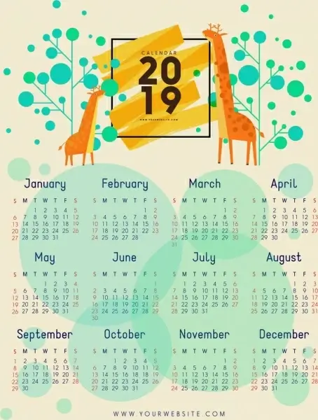2019 calendar template giraffe tree icons circles decor