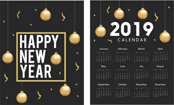 2019 calendar template golden baubles elegant black
