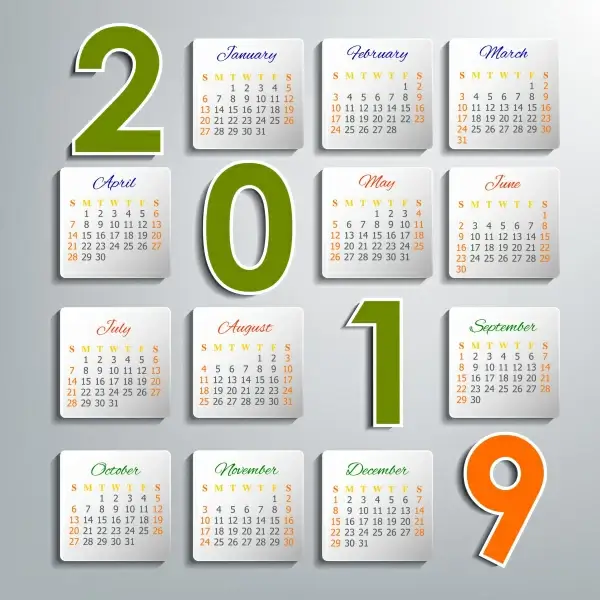 2019 calendar template modern bright layout