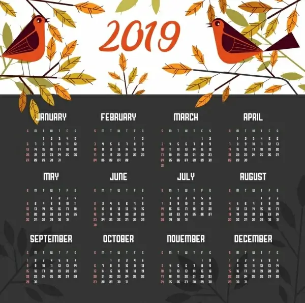 2019 calendar template nature theme birds leaves icons