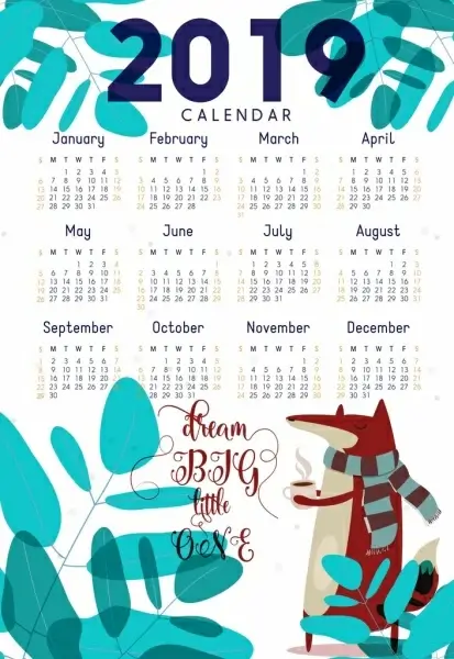 2019 calendar template nature theme fox tree icons