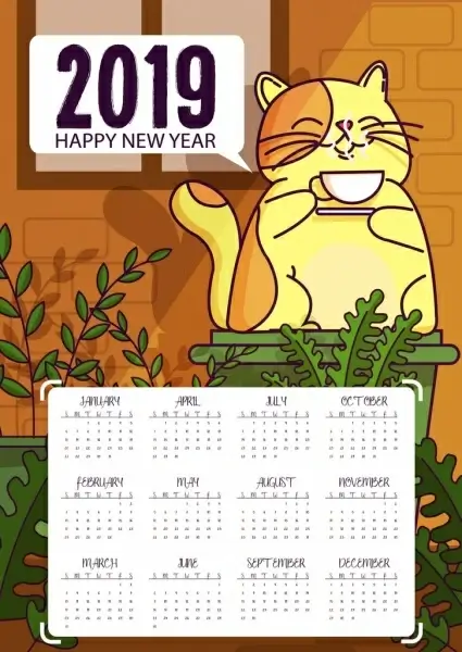 2019 calendar template relaxing cat icon cartoon design