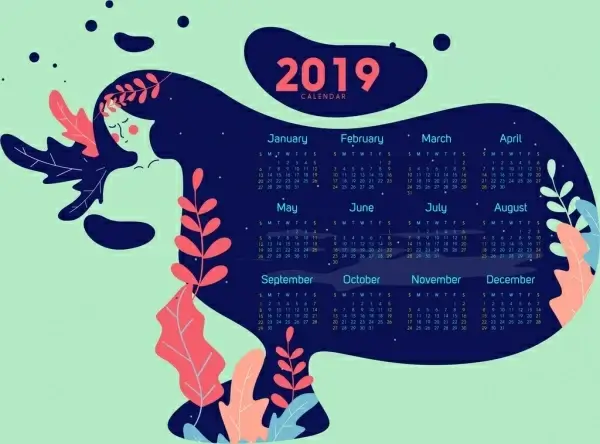 2019 calendar template woman leaves icons sketch