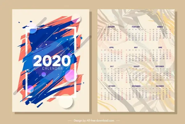 2020 calendar template abstract blurred design leaves ornament