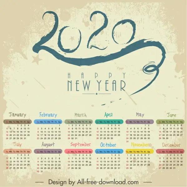 2020 calendar template colorful retro number stroke decor